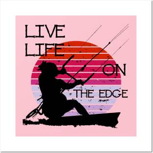 Vintage Sunset Retro Sunrise Black Kitesurfer Silhouette 4 Posters and Art